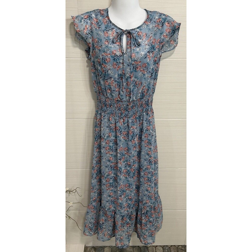 Gypsies & Moondust Flutter Sleeve Dusty Blue Floral Maxi Dress S, Ruffle Hem